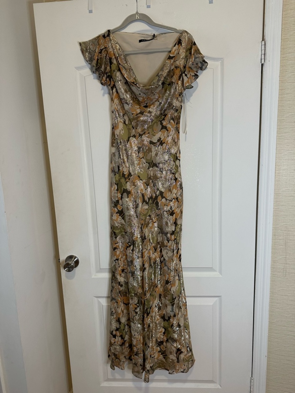 Ralph Lauren Olive and Beige Floral Cowl-Neck Maxi Dress